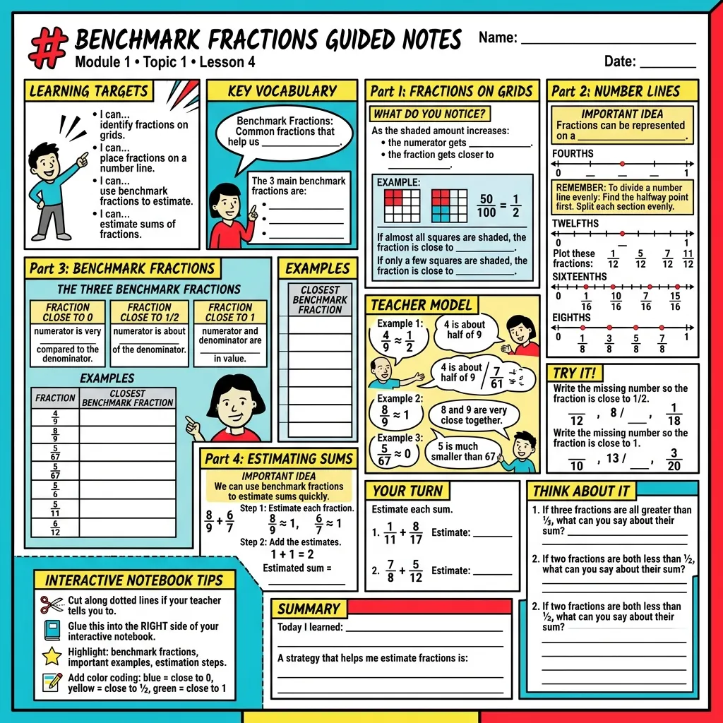 Colorful comic-style math worksheet on benchmark fractions generated by VisualNote AI, with name and date lines, fill-in-the-blank vocabulary, an examples table to complete, number lines to plot, Try It problems with missing numbers, and a summary section