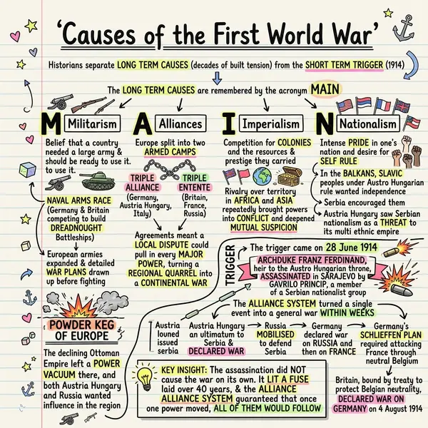 Visual notes on the causes of World War One: the MAIN acronym for militarism, alliances, imperialism and nationalism, a map panel of the Balkan powder keg, the Sarajevo assassination of 28 June 1914, and the chain reaction of declarations ending on 4 August 1914.