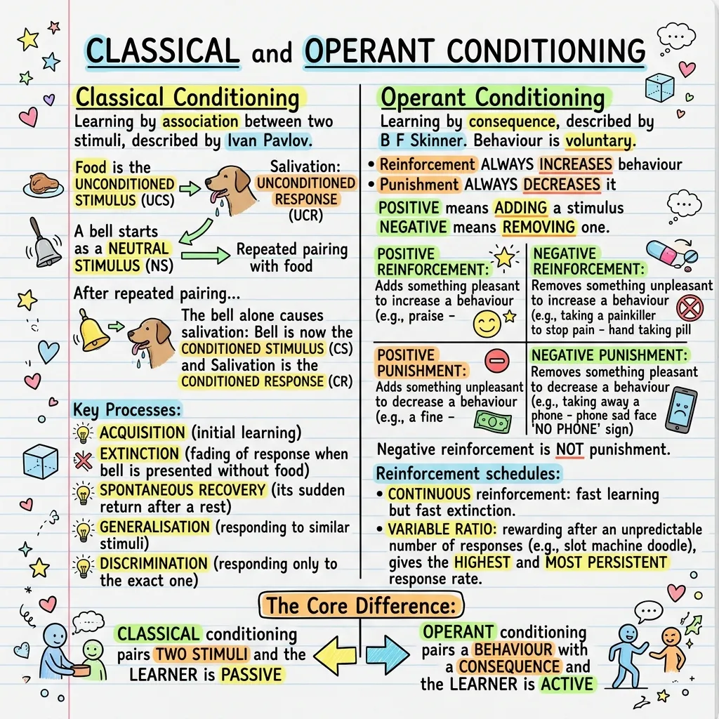 Side-by-side visual notes comparing classical conditioning (Pavlov's dog, UCS, UCR, neutral stimulus, CS and CR, acquisition, extinction, spontaneous recovery, generalisation and discrimination) with operant conditioning (Skinner's four-way grid of positive and negative reinforcement and punishment, and schedules of reinforcement).