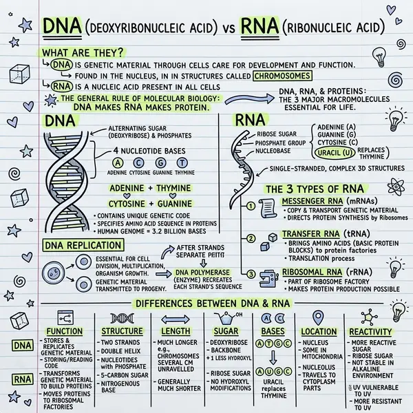A hand-drawn DNA vs RNA sketchnote with a double helix, base pairing, and a comparison table, generated alongside a flashcard deck.