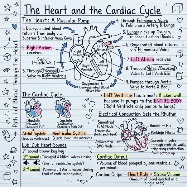 Labelled heart anatomy diagram showing the four chambers, the tricuspid, pulmonary, mitral and aortic valves, the path of blood through the heart and lungs, diastole and systole, and the conduction pathway from the SA node to the Purkinje fibres.