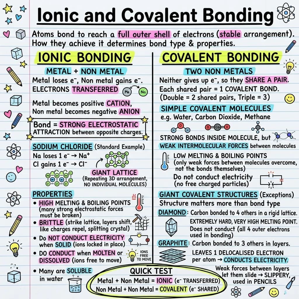 Comparison visual of ionic and covalent bonding: electron transfer between sodium and chlorine forming cations and anions in a giant lattice, with properties; and shared electron pairs between non metals forming simple molecules and giant covalent structures such as diamond and graphite.