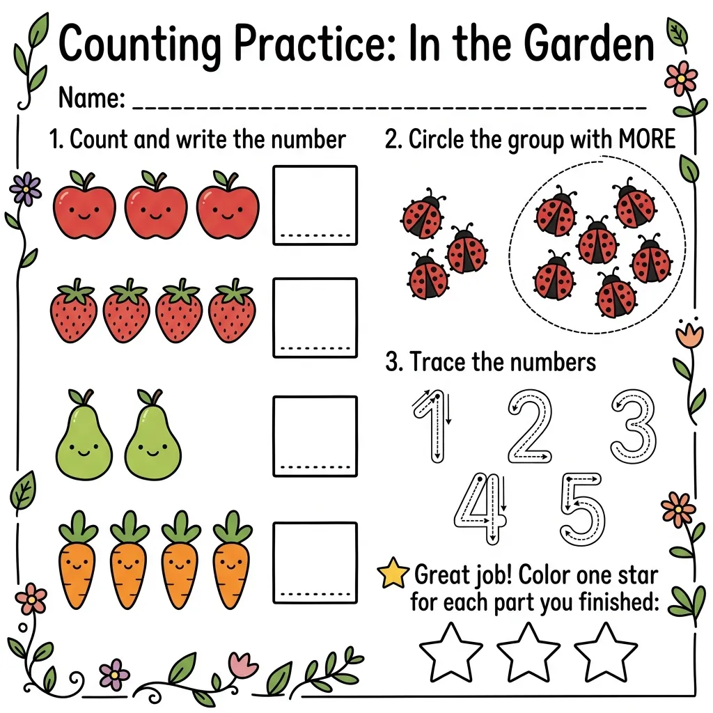 Printable kindergarten counting worksheet generated by VisualNote AI: rows of apples, strawberries, pears, and carrots with big empty boxes to write each number, a circle-the-group-with-more task with ladybugs, dotted numbers 1 to 5 to trace, and reward stars to color