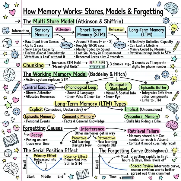 Visual notes on models of memory: the multi store model with sensory, short term and long term memory and their capacity, duration and coding; the working memory model with central executive, phonological loop, visuospatial sketchpad and episodic buffer; types of long term memory; causes of forgetting; the serial position curve and the Ebbinghaus forgetting curve.