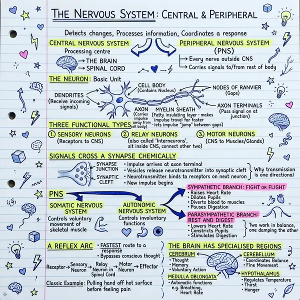 Nervous system revision map showing the split between central and peripheral nervous systems, a labelled neuron with dendrites, cell body, axon, myelin sheath, nodes of Ranvier and axon terminals, the three neuron types in a reflex arc, a chemical synapse, sympathetic and parasympathetic effects, and the cerebrum, cerebellum, medulla oblongata and hypothalamus.