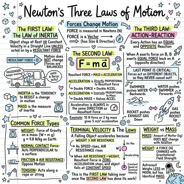 Visual notes on Newton's three laws of motion: balanced forces and inertia shown with a bus passenger, F = ma with a worked example of 10 N acting on 2 kg, action and reaction pairs on a swimmer and a rocket, labelled force arrows for weight, normal contact force, friction, air resistance and tension, and a terminal velocity graph.