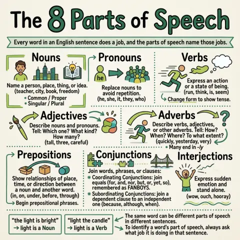 Hand-drawn chart of the 8 parts of speech with a panel for each: nouns, pronouns, verbs, adjectives, adverbs, prepositions, conjunctions with FANBOYS, and interjections, each with its definition and examples, plus a bottom panel showing the word light used as both a noun and a verb