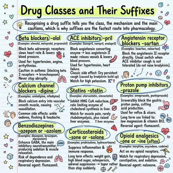 Pharmacology cheat sheet chart of drug suffixes and their classes: -olol beta blockers, -pril ACE inhibitors, -sartan ARBs, -dipine calcium channel blockers, -statin statins, -prazole proton pump inhibitors, -azepam benzodiazepines, -cillin penicillins and -solone corticosteroids, with key side effects and reversal agents.