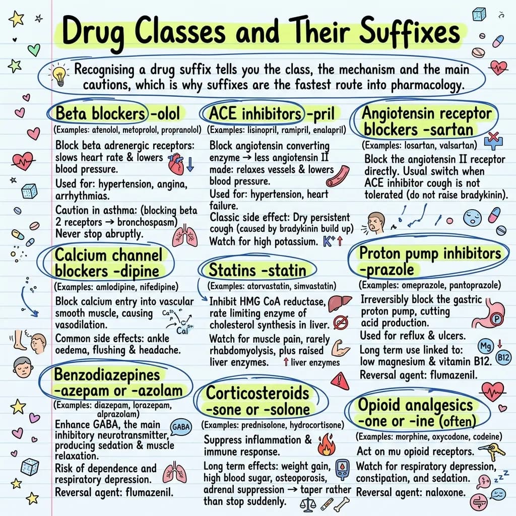 Pharmacology cheat sheet chart of drug suffixes and their classes: -olol beta blockers, -pril ACE inhibitors, -sartan ARBs, -dipine calcium channel blockers, -statin statins, -prazole proton pump inhibitors, -azepam benzodiazepines, -cillin penicillins and -solone corticosteroids, with key side effects and reversal agents.