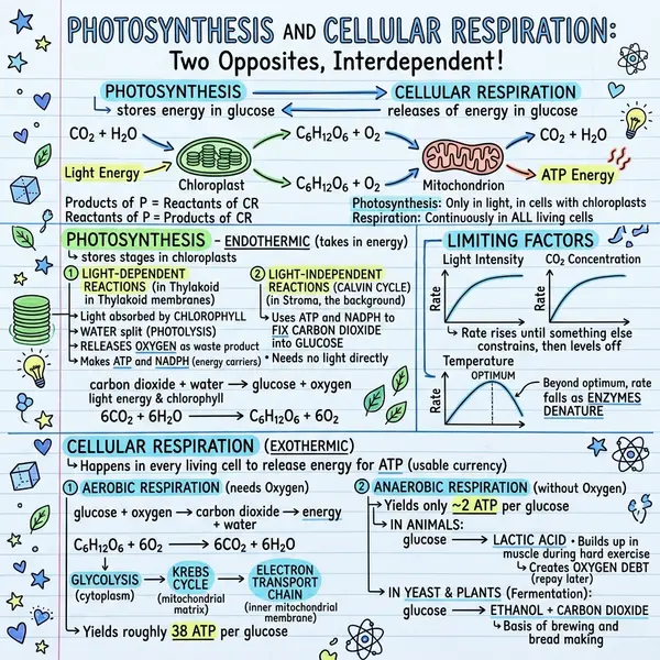 Side by side visual notes comparing photosynthesis and cellular respiration: the balanced equations, the chloroplast with light dependent reactions and the Calvin cycle, the three limiting factors, and the mitochondrion with glycolysis, the Krebs cycle and the electron transport chain with ATP yields.