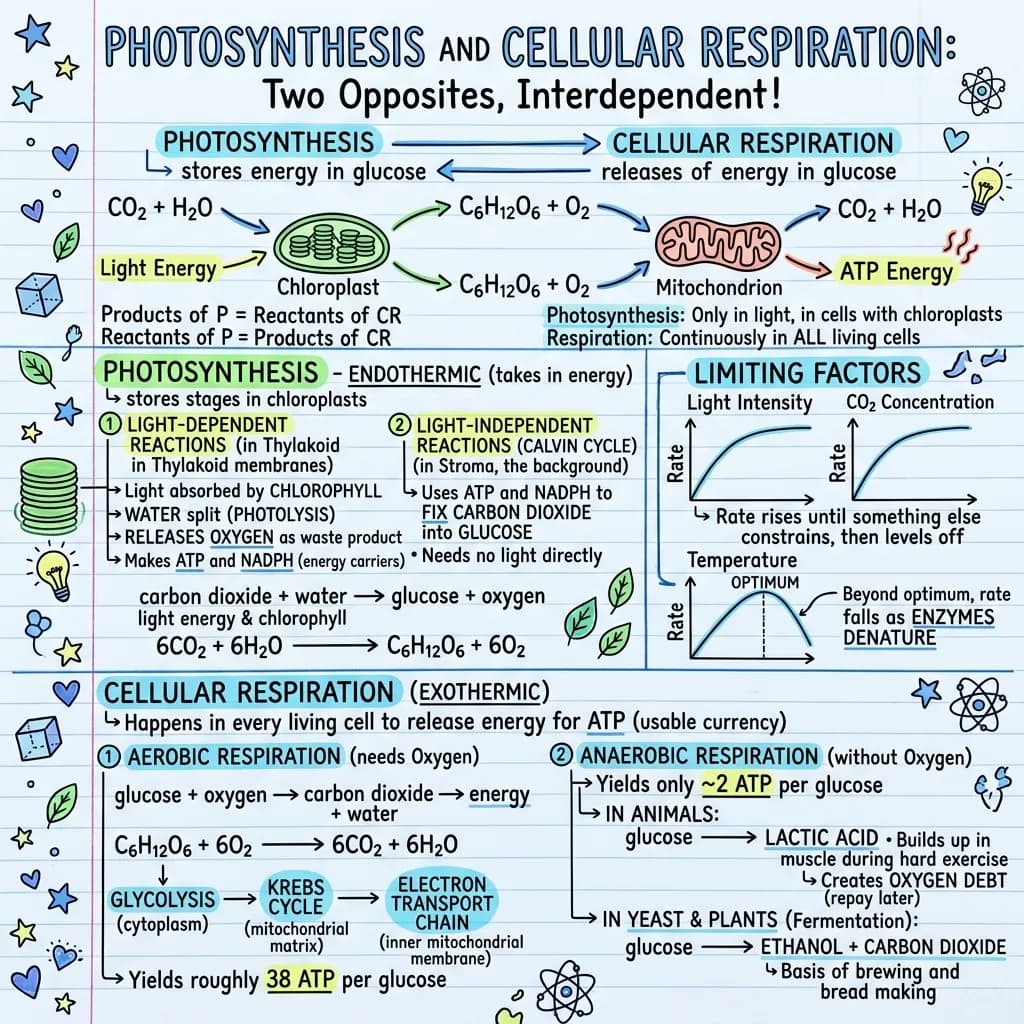 Side by side visual notes comparing photosynthesis and cellular respiration: the balanced equations, the chloroplast with light dependent reactions and the Calvin cycle, the three limiting factors, and the mitochondrion with glycolysis, the Krebs cycle and the electron transport chain with ATP yields.