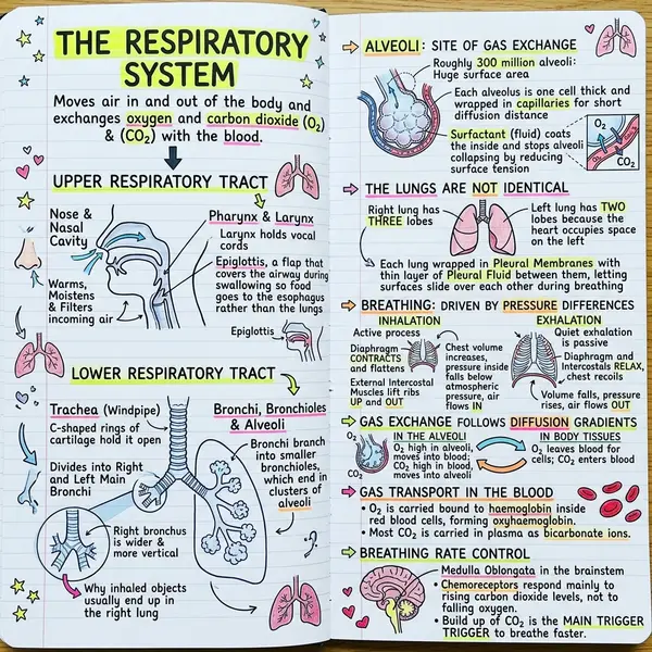 Labelled respiratory system diagram showing the upper tract from nose to larynx and the lower tract from trachea to alveoli, the epiglottis, C-shaped cartilage rings, the wider right main bronchus, an alveolus with surfactant and capillary gas exchange, and the mechanics of inhalation and exhalation.