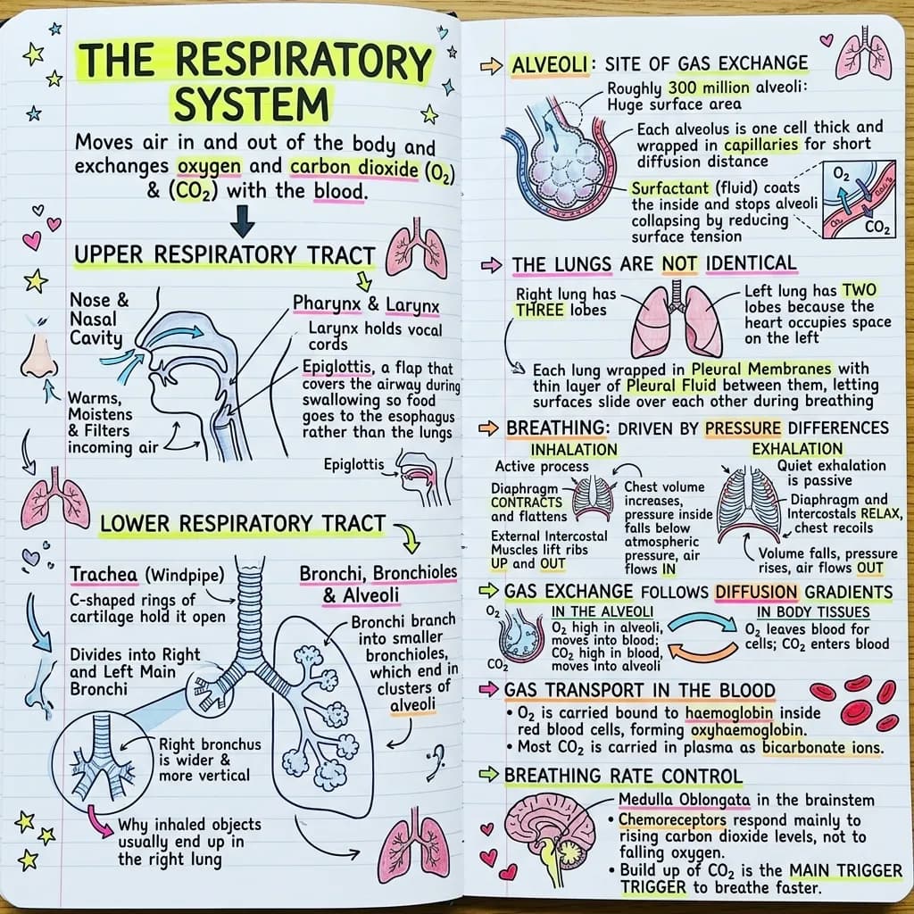 Labelled respiratory system diagram showing the upper tract from nose to larynx and the lower tract from trachea to alveoli, the epiglottis, C-shaped cartilage rings, the wider right main bronchus, an alveolus with surfactant and capillary gas exchange, and the mechanics of inhalation and exhalation.