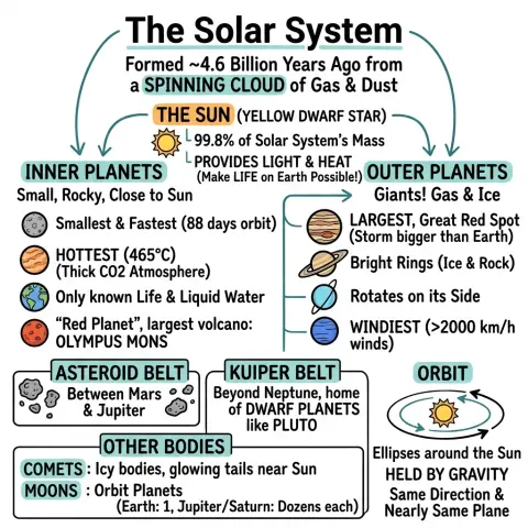 Hand-drawn solar system summary showing the Sun as a yellow dwarf with 99.8 percent of the system's mass, the four rocky inner planets with key facts, the four gas and ice giants with the Great Red Spot, rings, sideways rotation and record winds, plus the asteroid belt, Kuiper Belt, comets, moons, and elliptical orbits held by gravity