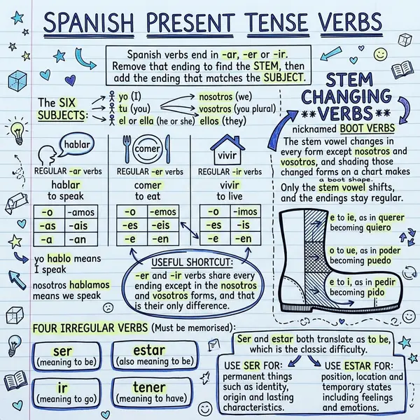 Visual notes on Spanish present tense verbs: the three regular ending sets for -ar, -er and -ir verbs, the six subject pronouns, the boot shaped stem changing patterns, the irregulars ser, estar, ir and tener, and a ser versus estar comparison panel.