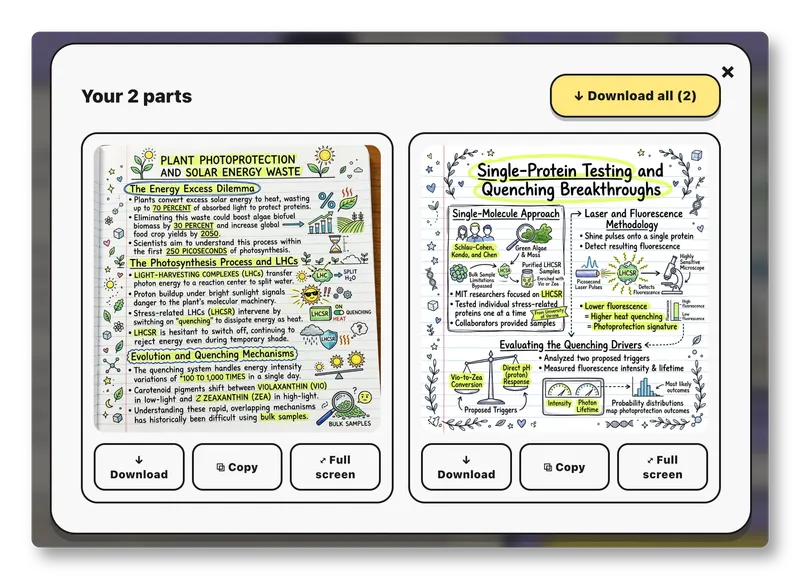 Two connected sketchnotes generated from one long document, shown side by side with download options.