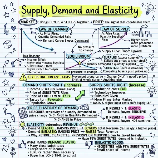 Visual notes on supply and demand: the downward sloping demand curve, the upward sloping supply curve, the equilibrium point with surplus above it and shortage below it, the shifters of each curve, and the price elasticity of demand formula with elastic and inelastic examples.