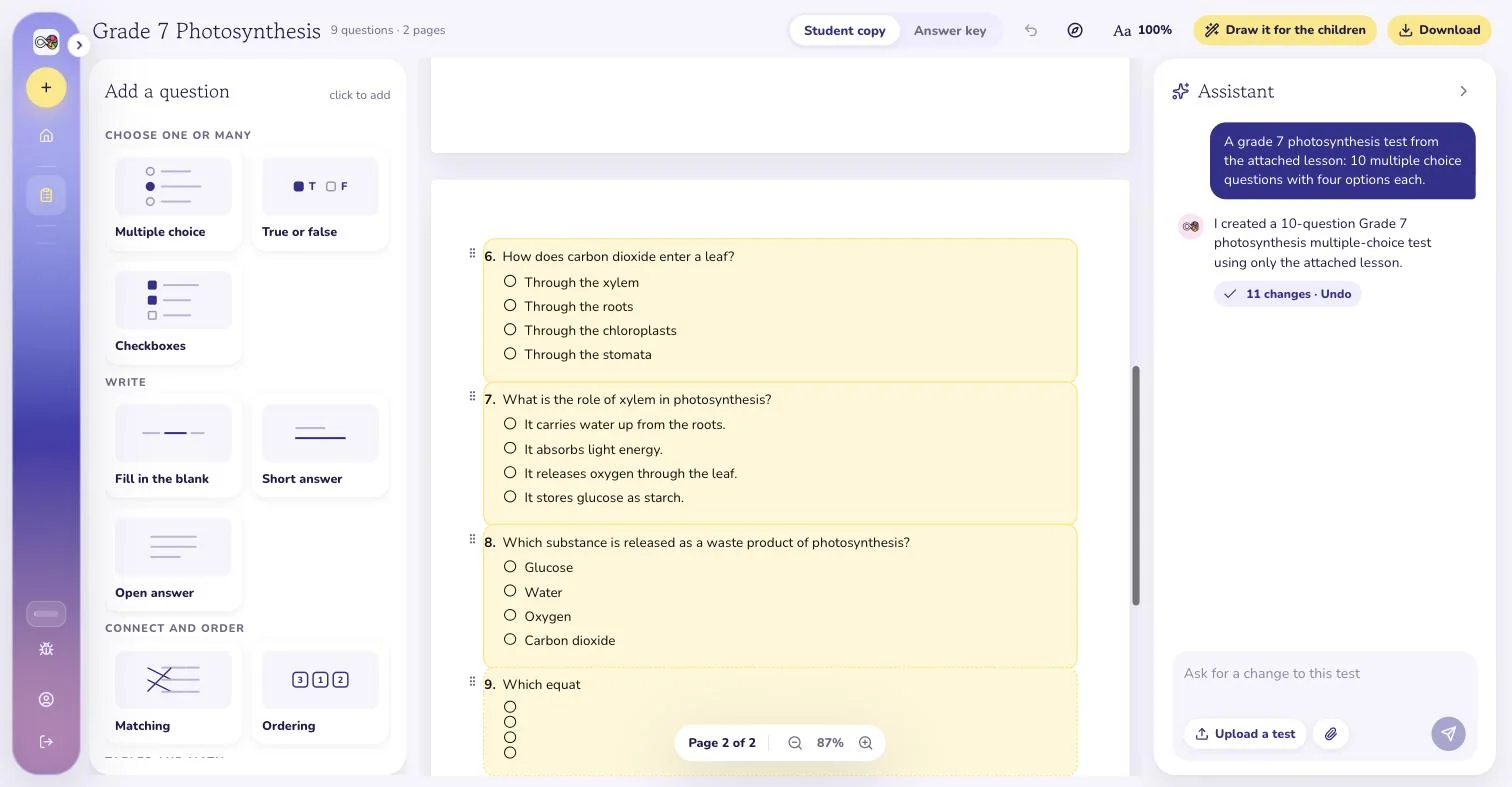 The assistant drafting a test from one sentence, the questions appearing on the page as it writes