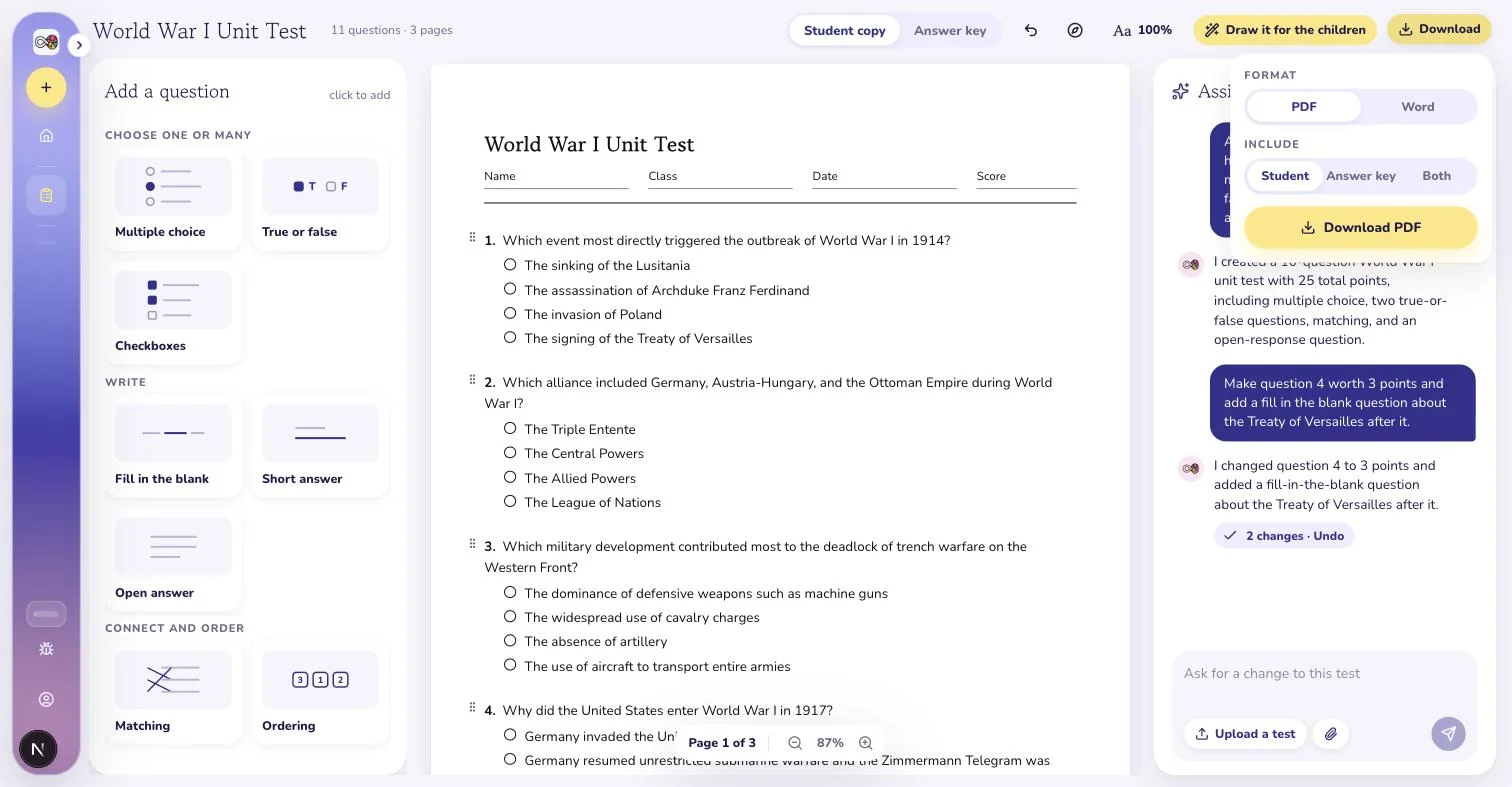 The Download menu: PDF or Word, student copy, answer key or both in one file