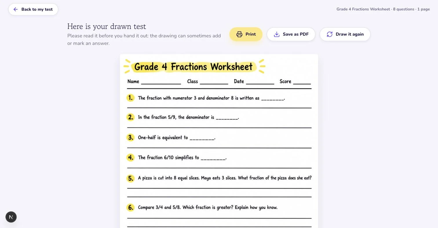A drawn copy of a grade 4 fractions test beside the original page, in a hand drawn style