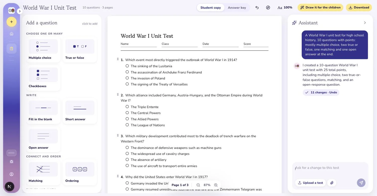 The VisualNote AI test editor: a World War I unit test on an A4 page in the middle, the question type cards on the left and the assistant on the right with a receipt for the 11 changes it made