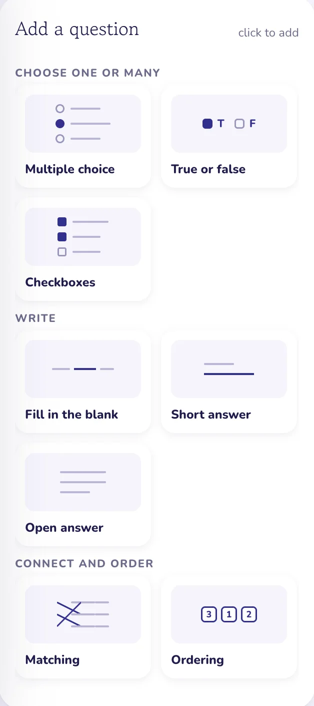 The Add a question panel of the test editor: drawn cards for every question type, grouped in families