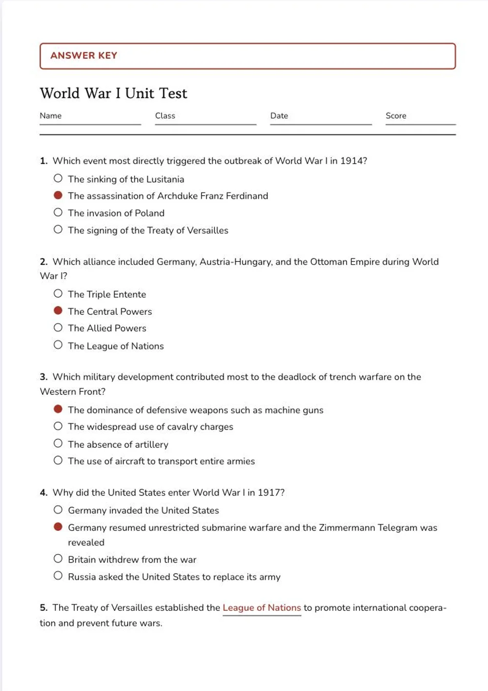 The answer key of the same World War I test: the same page with the correct answers filled in red