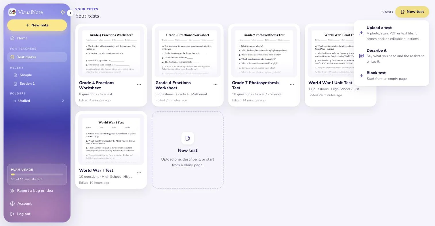 The test library in VisualNote AI with the New test menu open: Upload a test, Describe it, Blank test