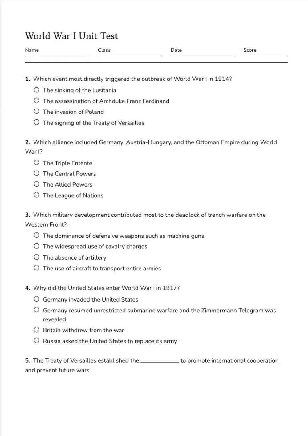 Page one of a printed World War I unit test: name, class, date and score fields, then numbered multiple choice questions with empty circles