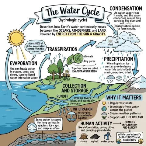 Hand-drawn water cycle diagram showing the sun driving evaporation from the ocean, transpiration from plants through stomata, condensation around dust and salt forming clouds, precipitation as rain and snow, and collection through infiltration into groundwater and surface runoff, with a why-it-matters panel on climate, fresh water and human impact