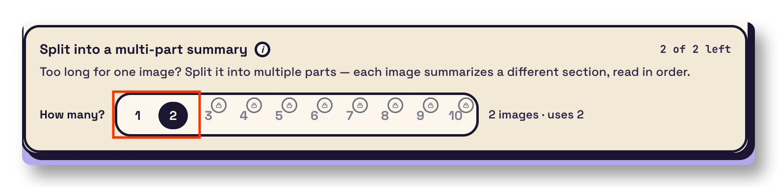 The Split control in the generator, with a row of buttons to pick how many parts to divide the content into.