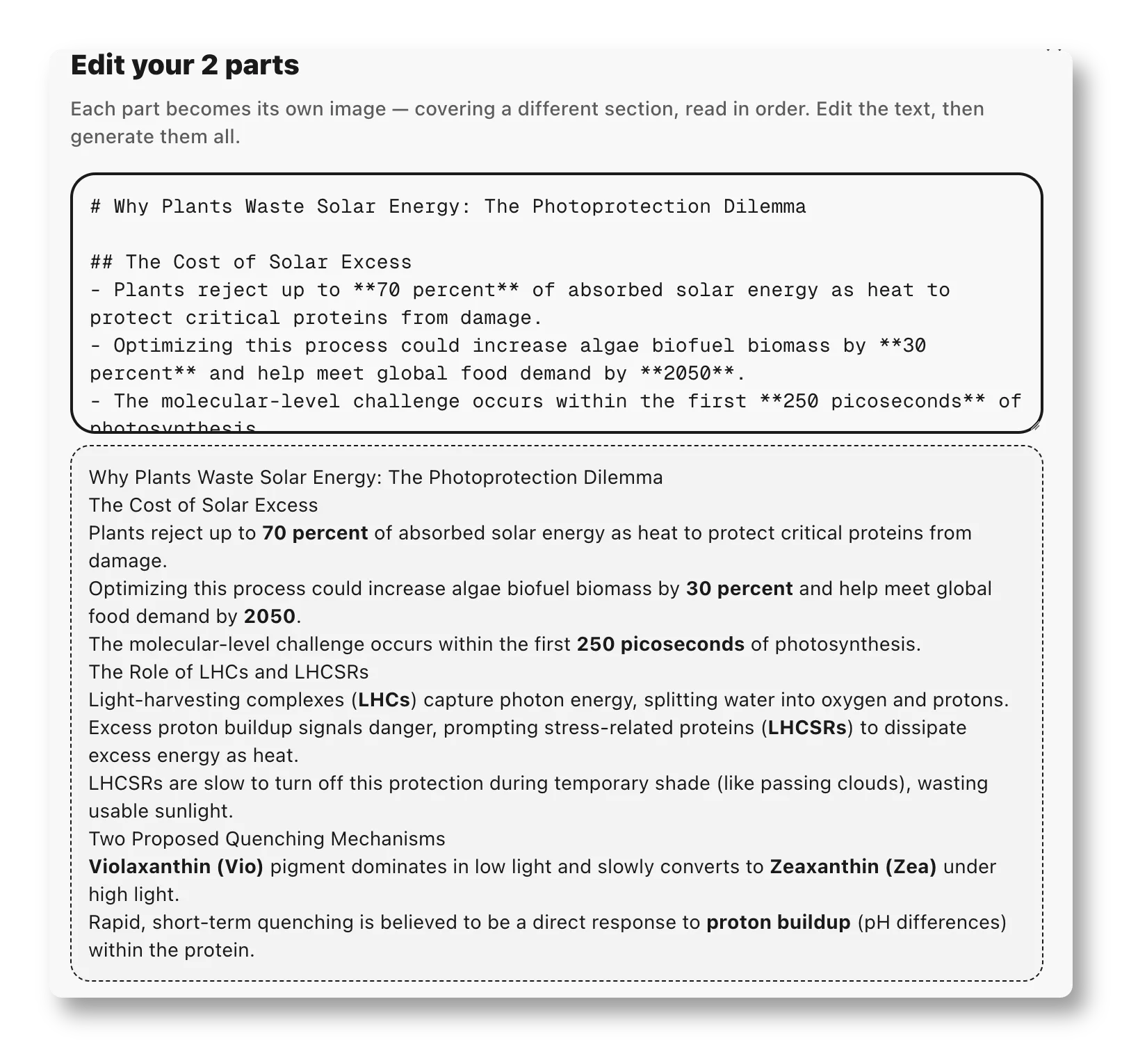The first split section shown as editable, formatted text alongside a live preview.