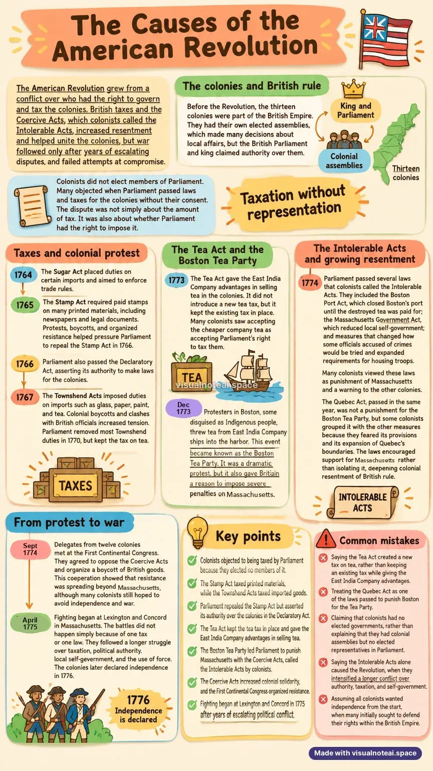 One-page study sheet on causes of the american revolution