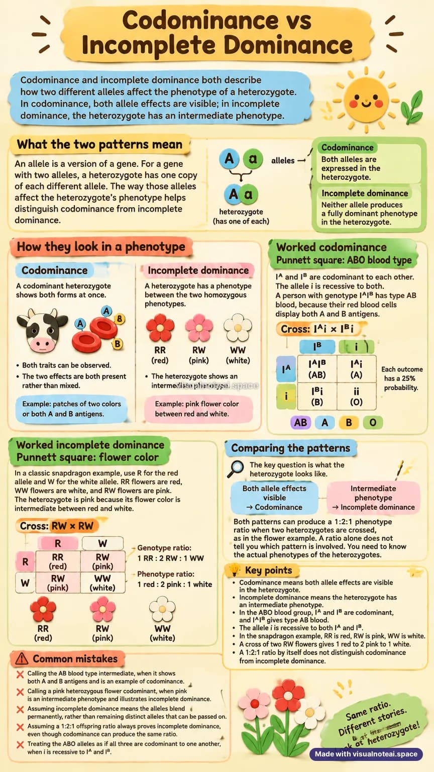 One-page study sheet on codominance vs incomplete dominance