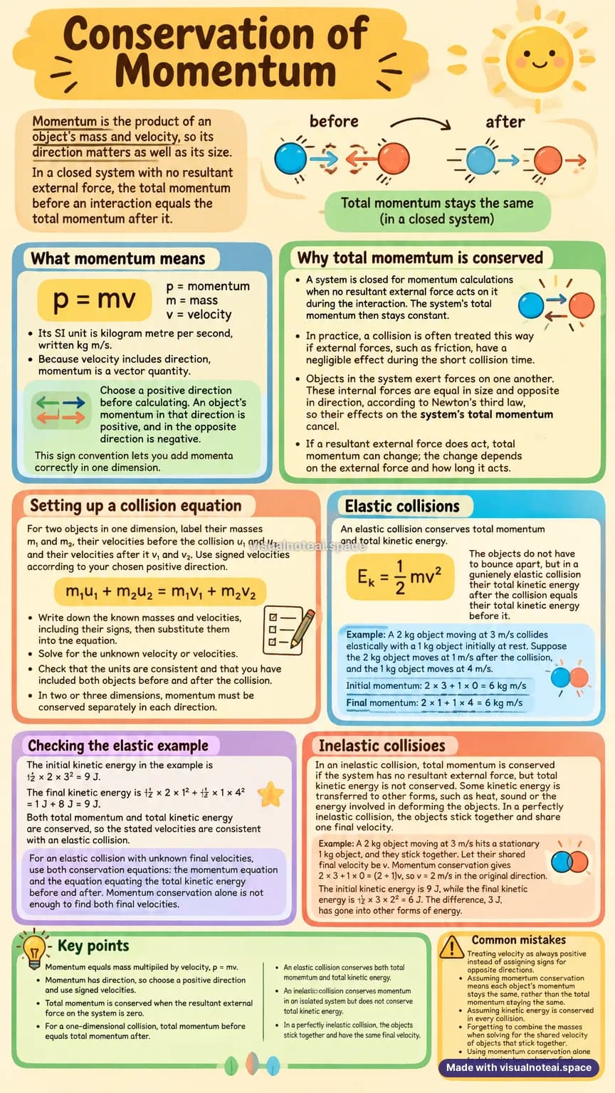 One-page study sheet on conservation of momentum