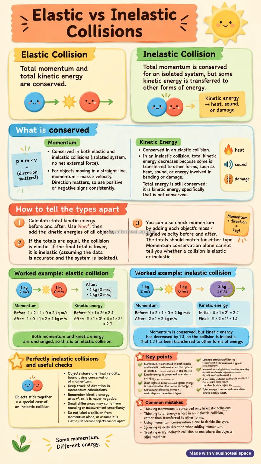 One-page study sheet on elastic vs inelastic collisions