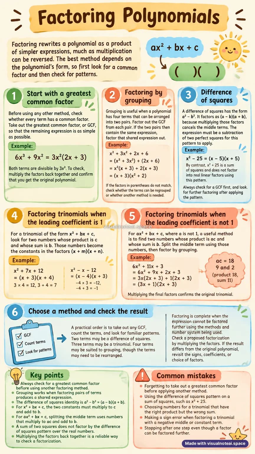 One-page study sheet on factoring polynomials