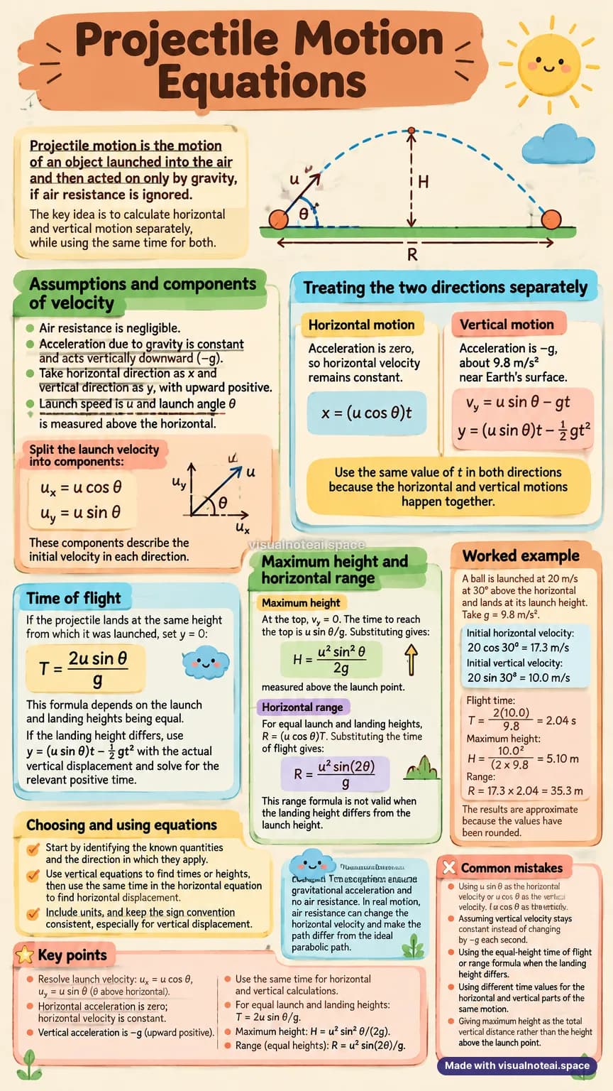 One-page study sheet on projectile motion equations