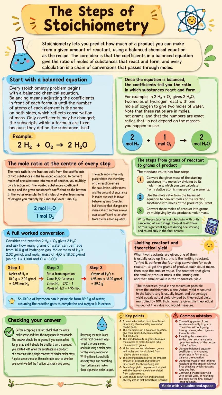 One-page study sheet on stoichiometry steps
