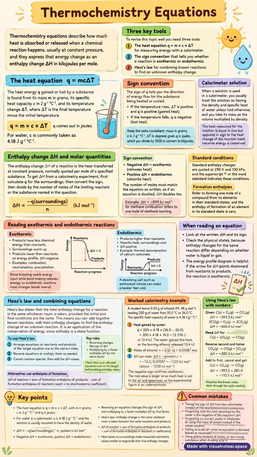 One-page study sheet on thermochemistry equations