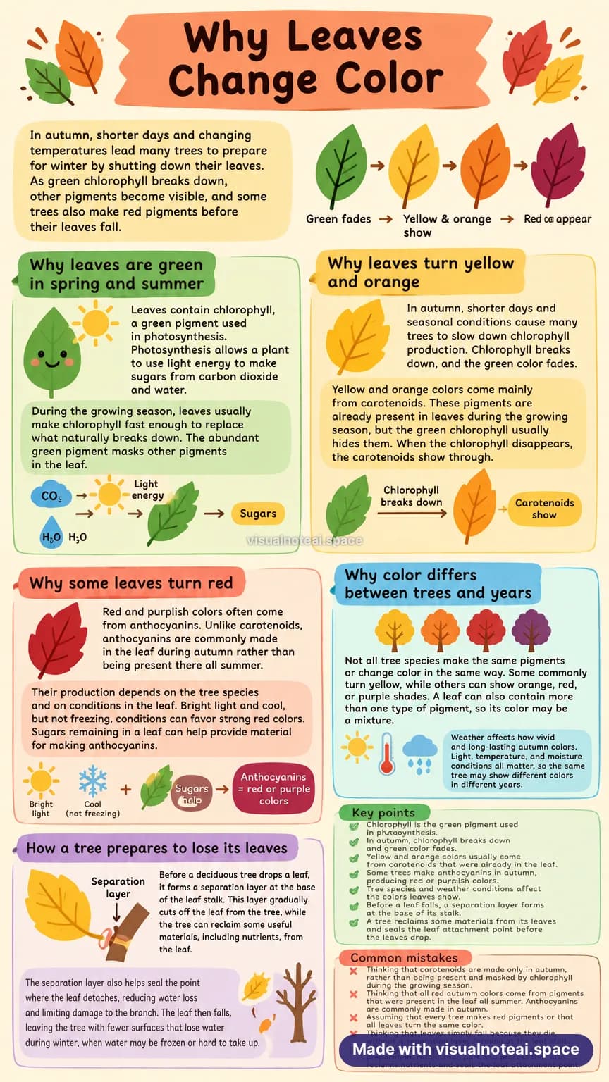 One-page study sheet on why leaves change color