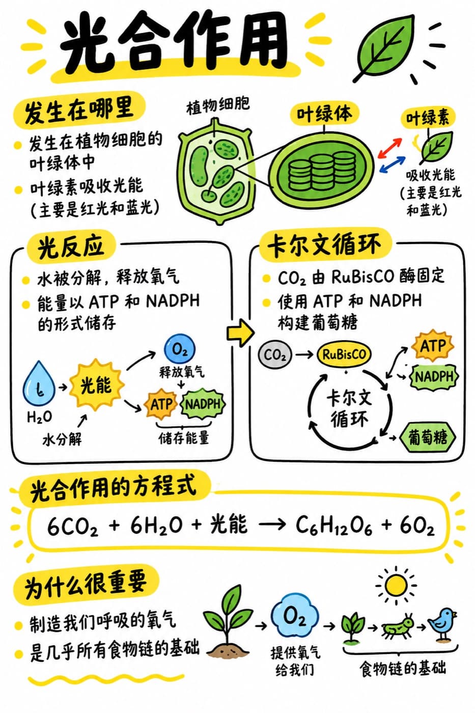 AI 生成的光合作用中文图解：叶绿体、光反应、卡尔文循环和反应式