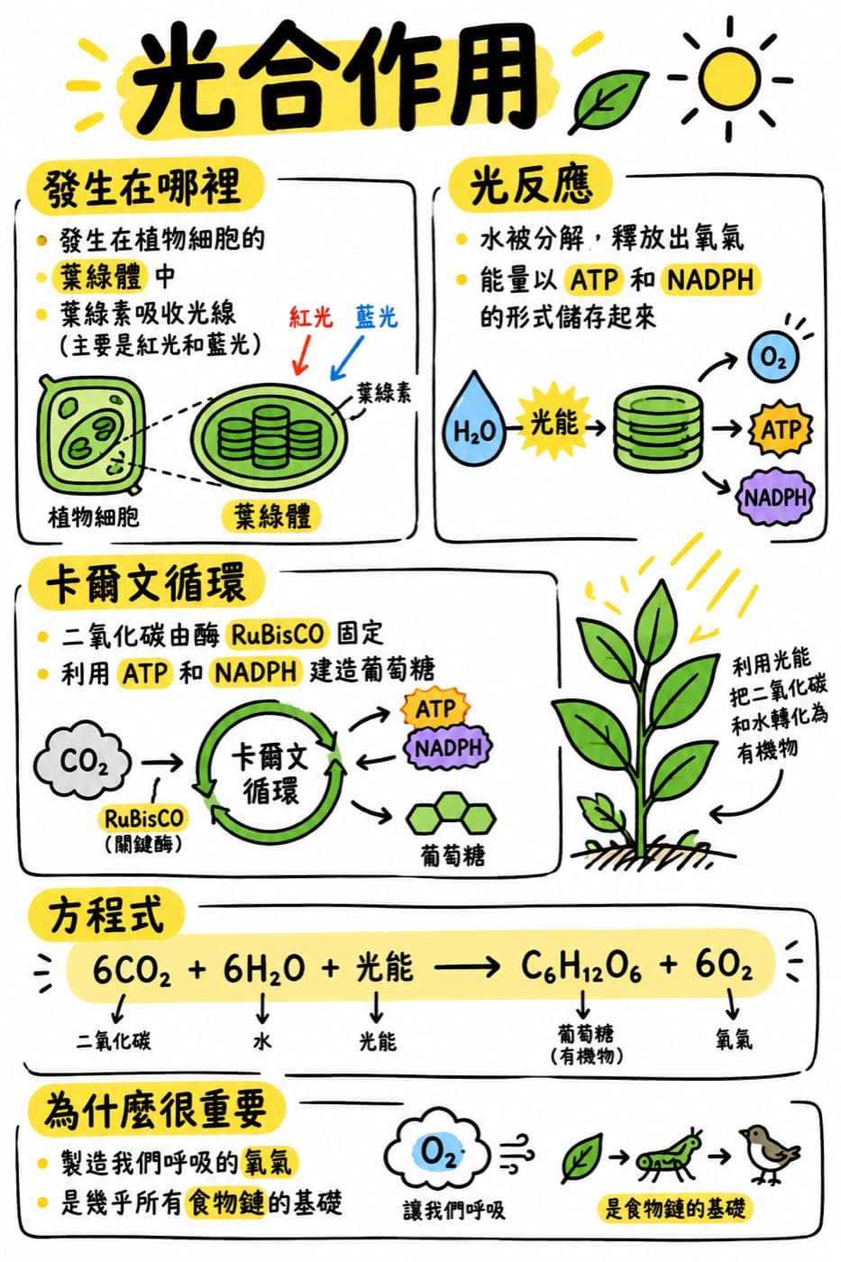 AI 產生的光合作用繁體中文圖解：葉綠體、光反應、卡爾文循環和反應式