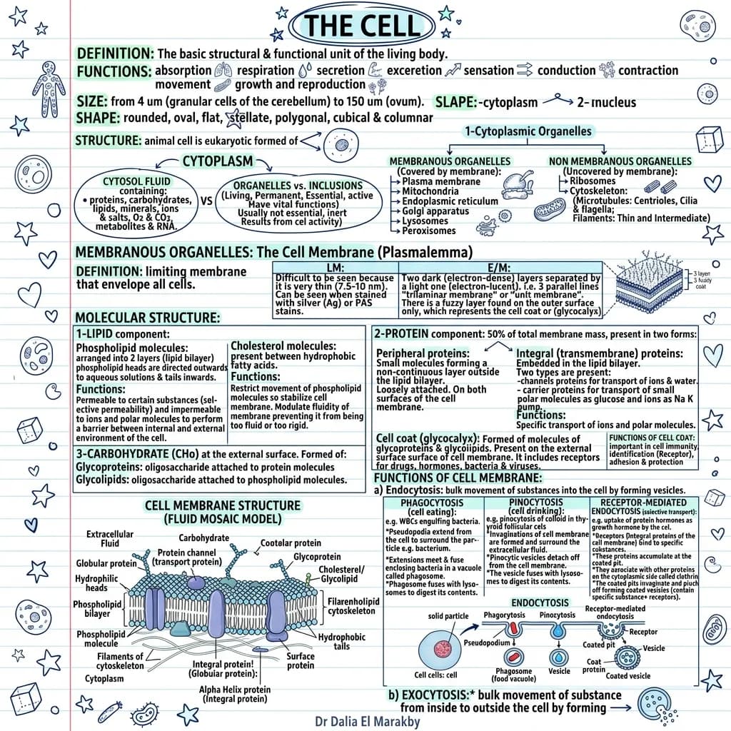 Diagram of animal cell structure showing the plasma membrane, cytoplasm, membranous and non-membranous organelles, and endocytosis and exocytosis.
