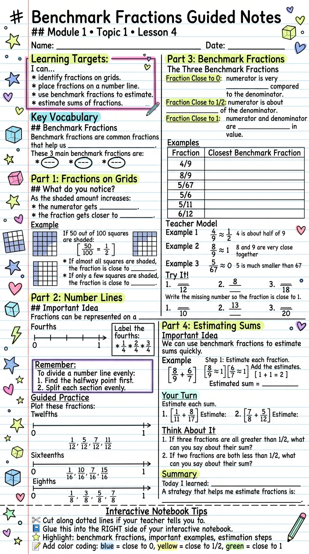 Guided notes page on benchmark fractions generated by VisualNote AI, with name and date lines, learning targets, key vocabulary left blank, number lines to label, a teacher model with worked examples, Try It problems with missing numbers, and a summary section