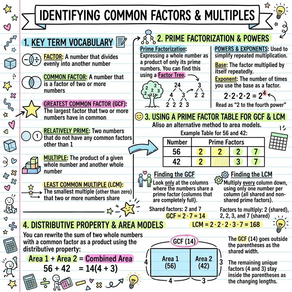 One-page visual study guide on common factors and multiples generated by VisualNote AI, with key term vocabulary, prime factorization with a factor tree, a prime factor table for GCF and LCM, and the distributive property with area models