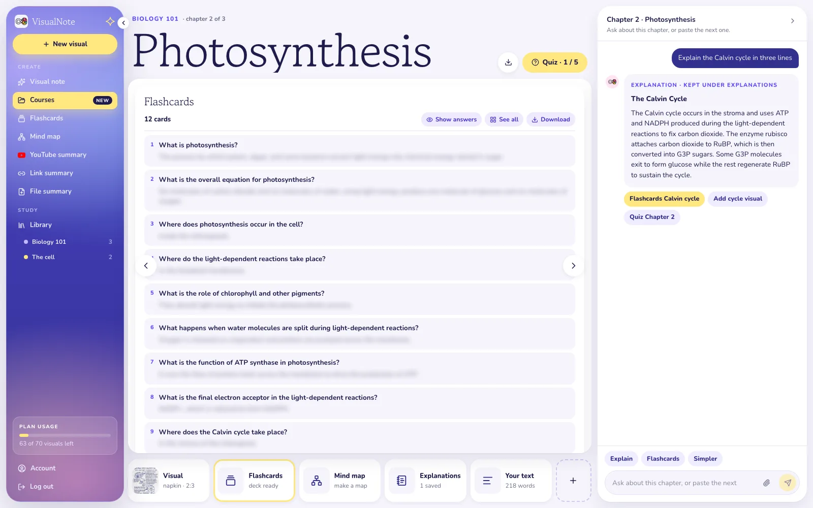 Twelve flashcards generated from the Photosynthesis chapter, opened from the chapter shelf in VisualNote AI, with the answers hidden