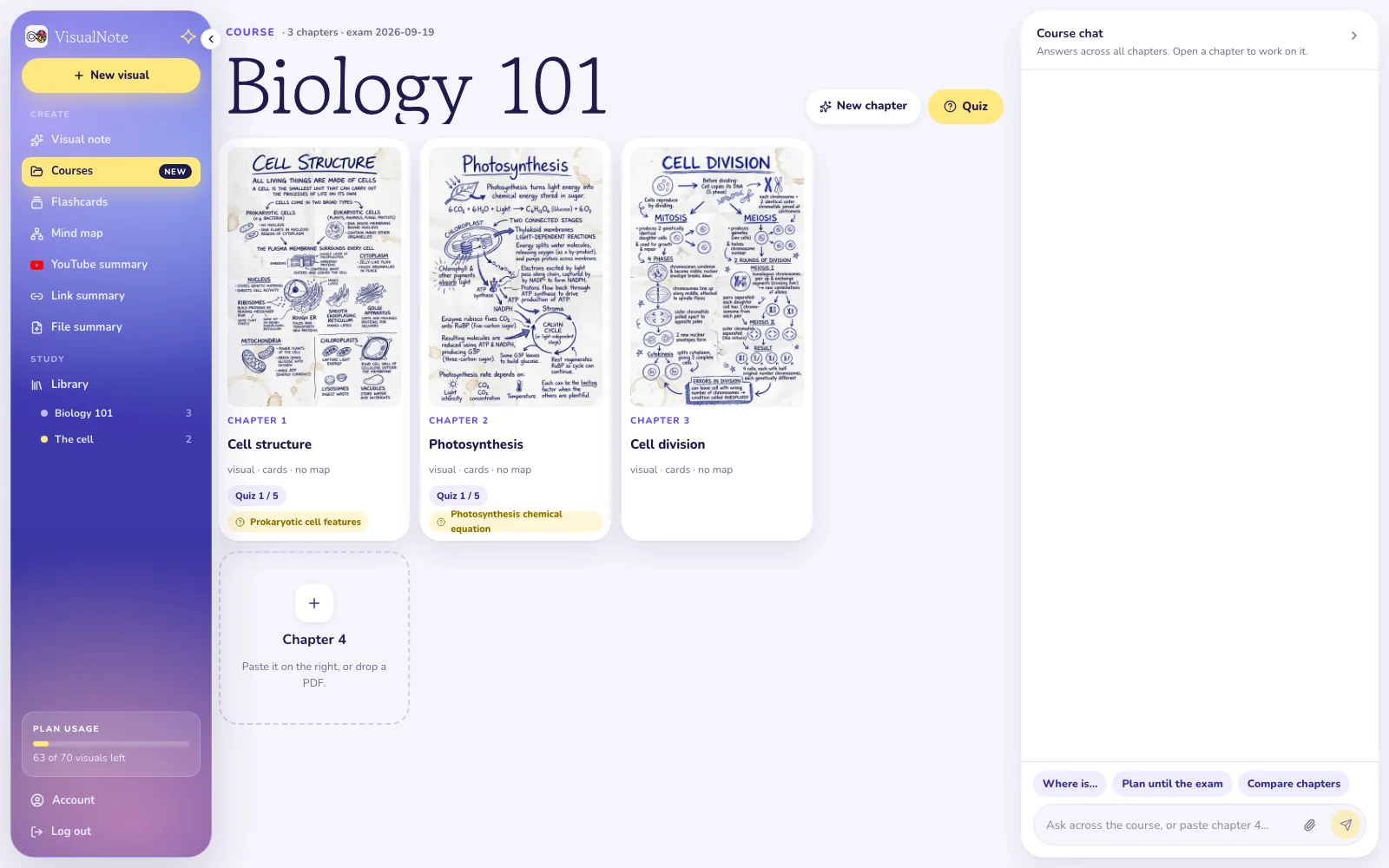 The Biology 101 course folder in VisualNote AI with three chapter cards, the exam date in the header, a quiz score on two cards and a weak spot chip on each of them