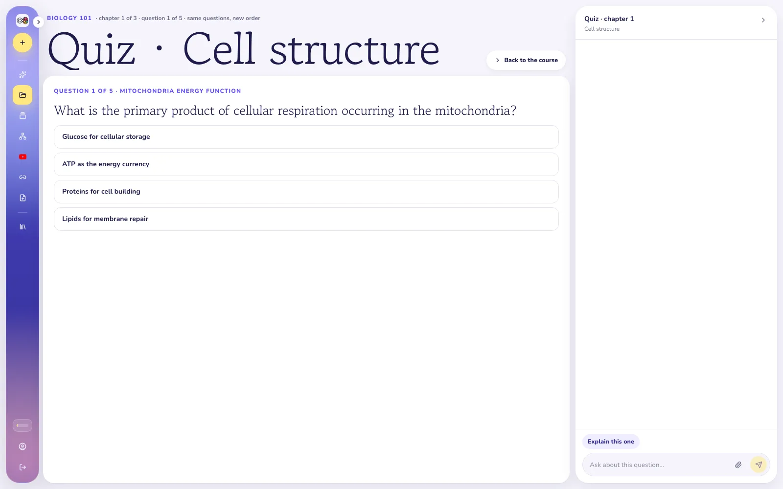 A quiz question mid run in VisualNote AI, built from the Biology 101 chapters