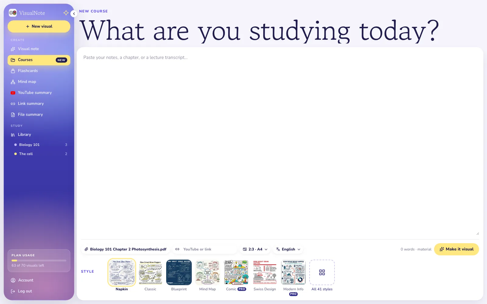 VisualNote AI Start screen with a chapter PDF attached, the style row, the page ratio and language pickers, and the Make it visual button